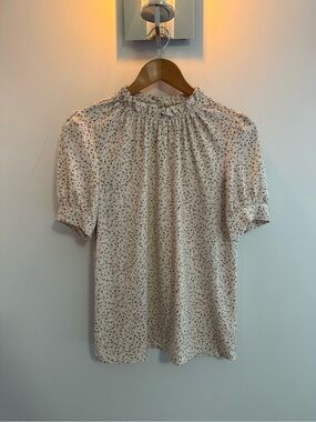 Adrianna Papell Cream Floral Ruffle-Neck Blouse